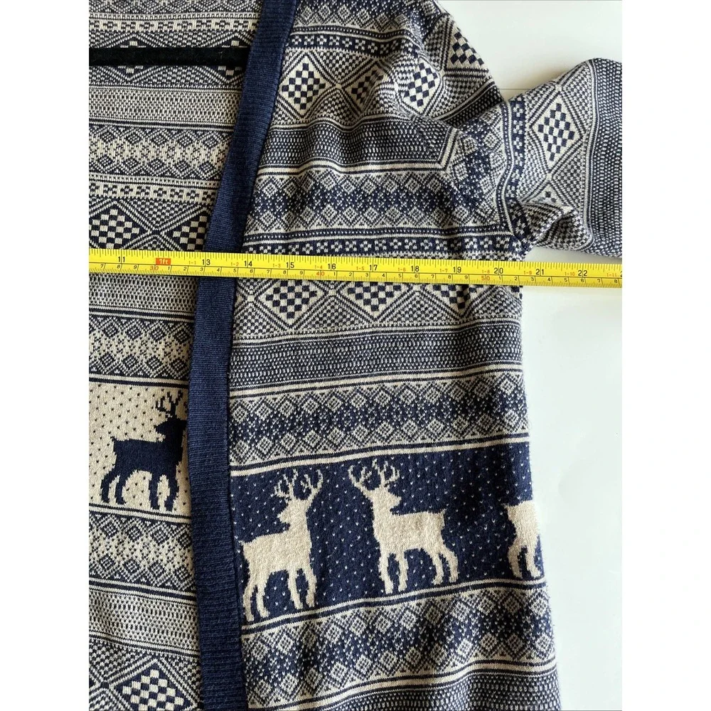 BASS USA S Navy Blue Beige DEER Knit Open Front LONG CARDIGAN Sweater FAIR ISLE
